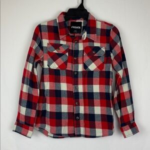 RSQ Boys Large Flannel Plaid Long Sleeve Shirt Red Navy Blue Cream 100% Cotton
